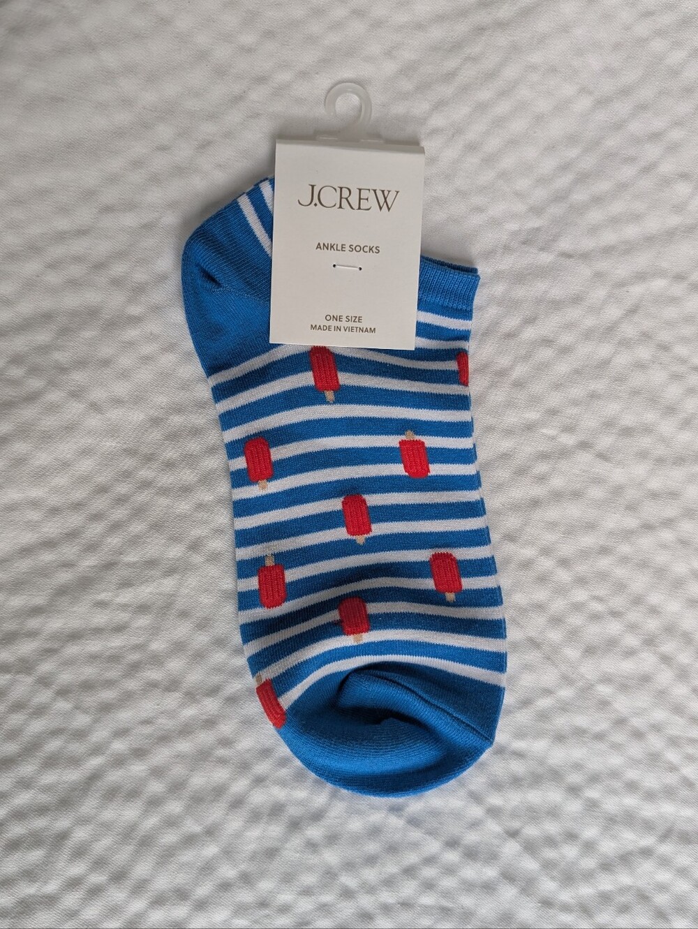 NWT J. Crew Women's Blue & White Striped Ankle Socks With Red Popsicles One Size